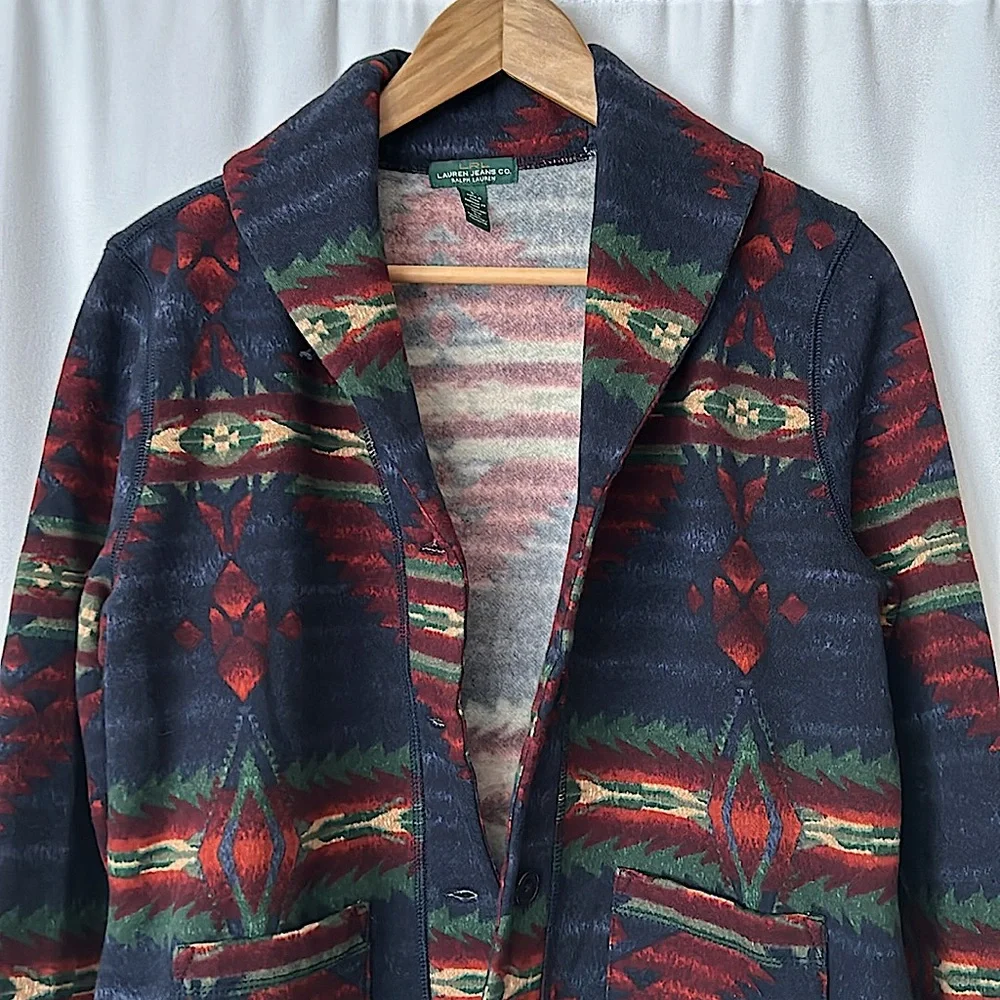 Lauren Ralph Lauren Dark Blue Aztec Print Long Sleeve Jacket Coat **Size L**🌺🌺 - Picture 3 of 4